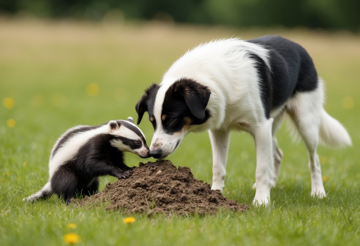 A dog sniffs at a pile of badger poo in a grassy field