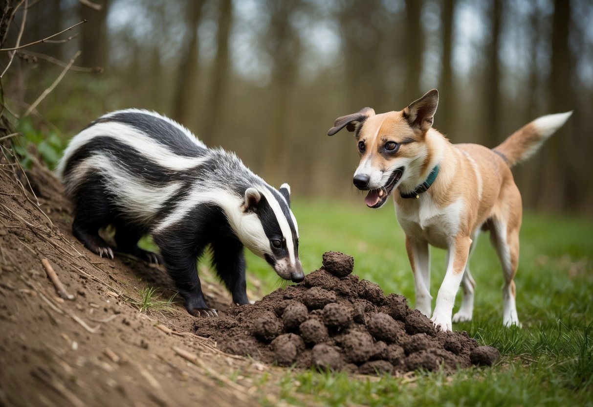 A badger sniffs around its burrow, while a curious dog cautiously approaches a pile of badger poo in a forest clearing