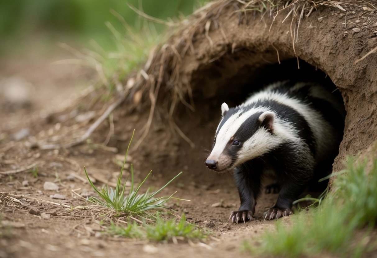 A badger cautiously eyes a barking dog from the safety of its burrow entrance