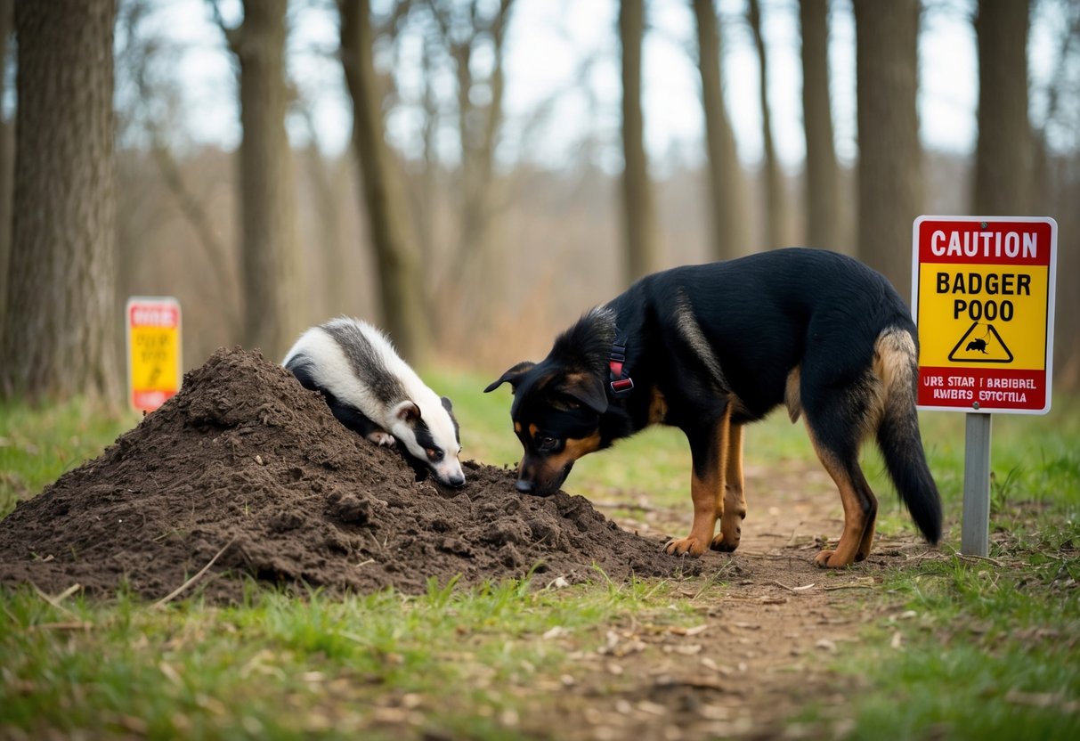 A dog sniffing at a pile of badger poo in a wooded area, with cautionary signs nearby