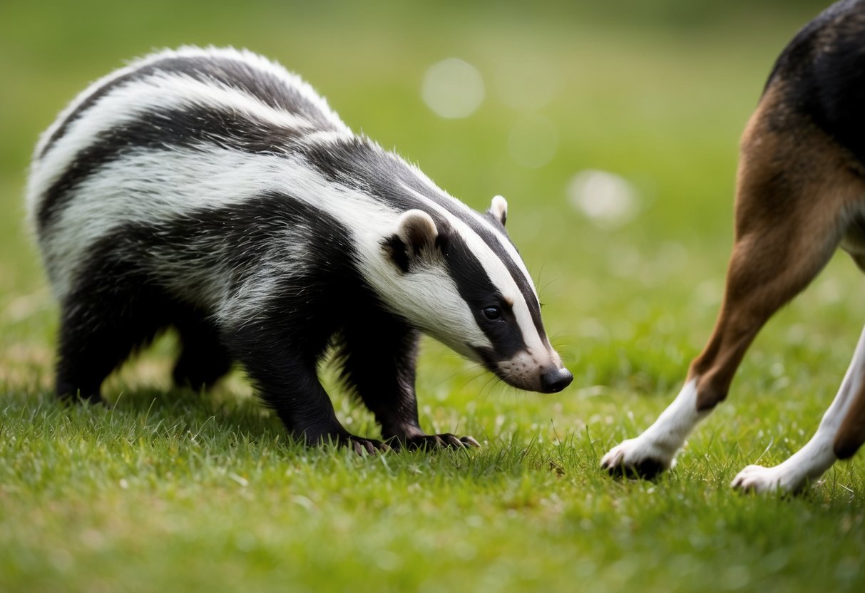 A badger cautiously sniffs the air, ears perked, as a dog approaches