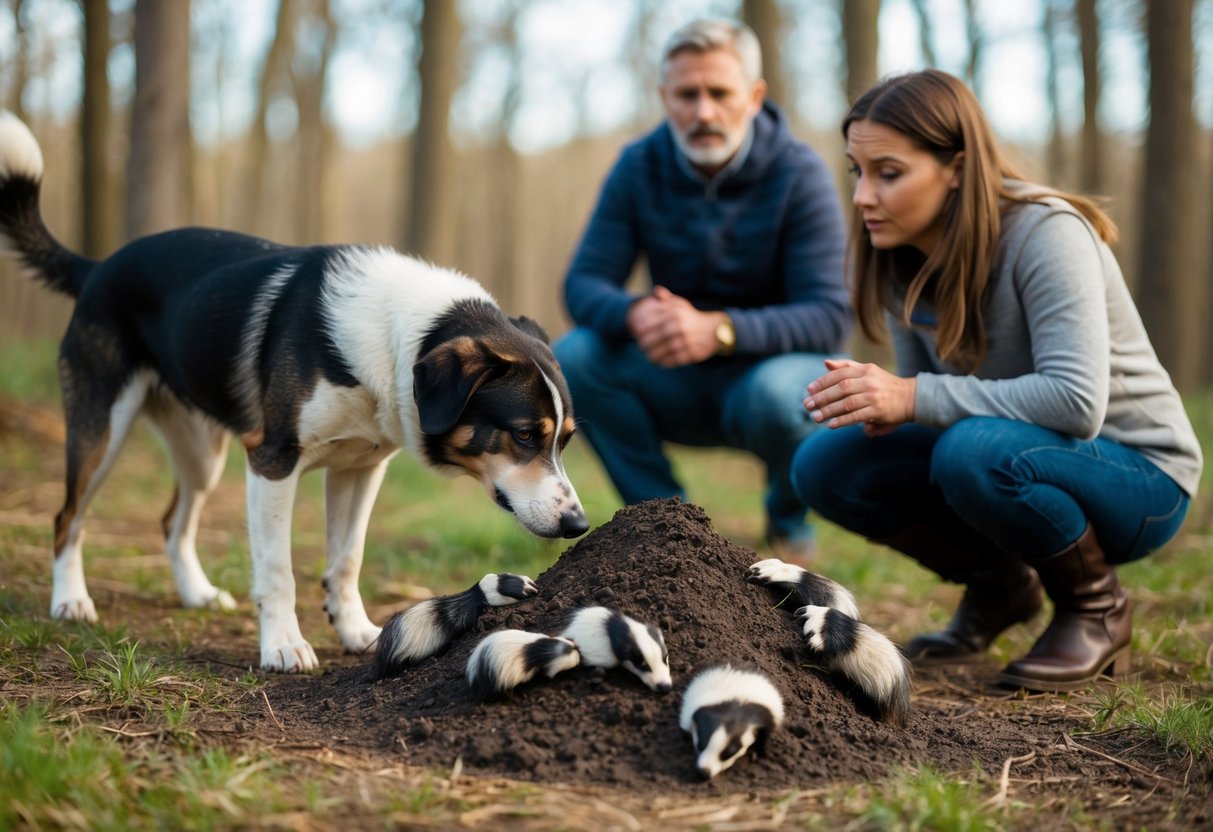 A dog sniffing cautiously at a pile of badger poo in a forest clearing, with a concerned owner looking on