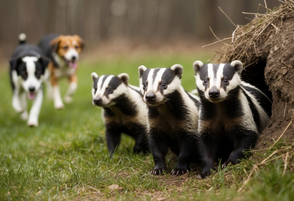 A group of badgers cautiously peeking out of their burrow, watching a pack of dogs pass by in the distance