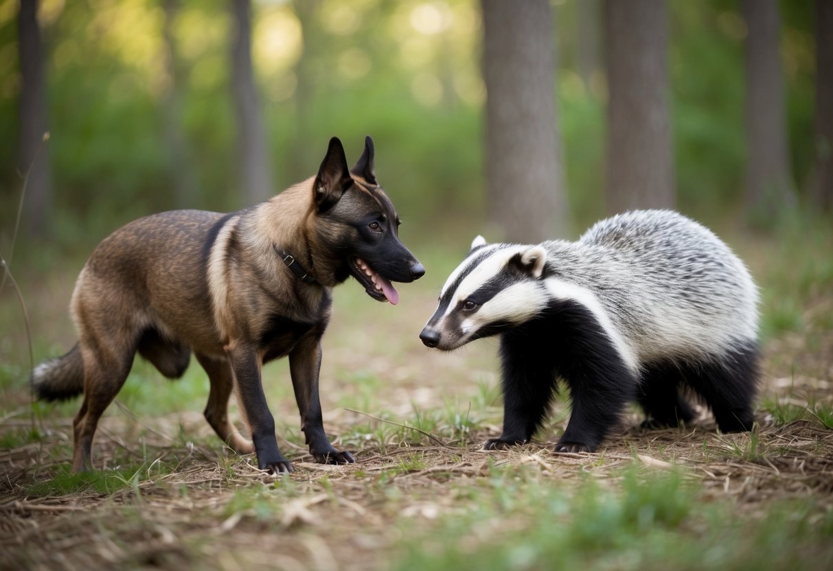 A dog and a badger face off in a forest clearing