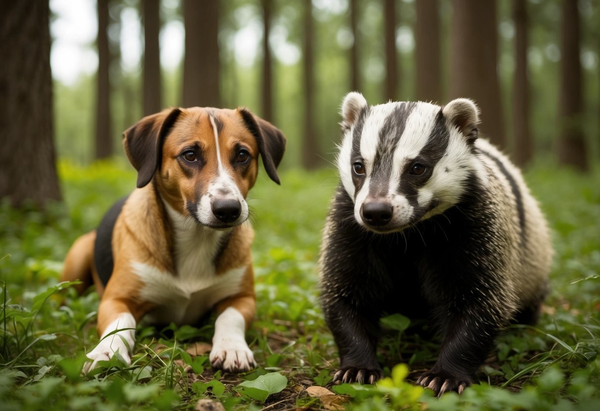 A dog and a badger in a forest, with the badger showing signs of tuberculosis and the dog looking curious but cautious