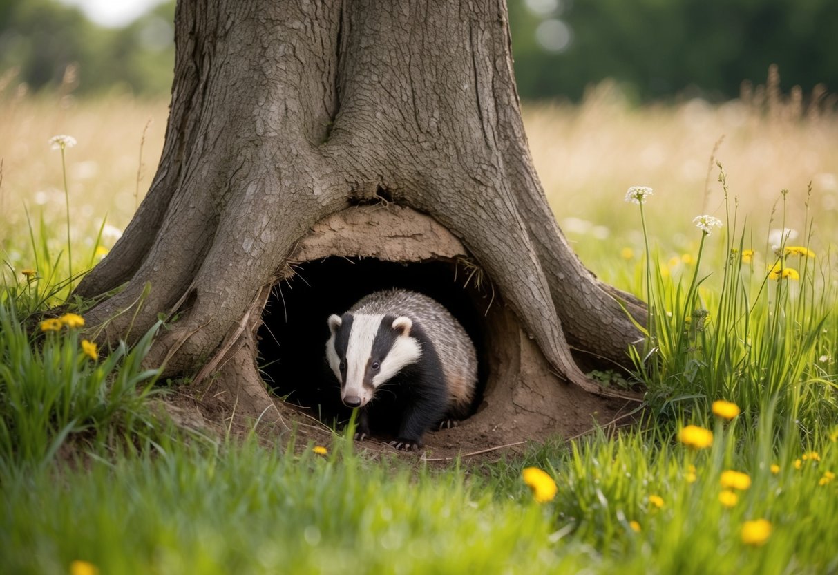 A badger burrow nestled beneath the roots of a large tree, surrounded by tall grass and wildflowers