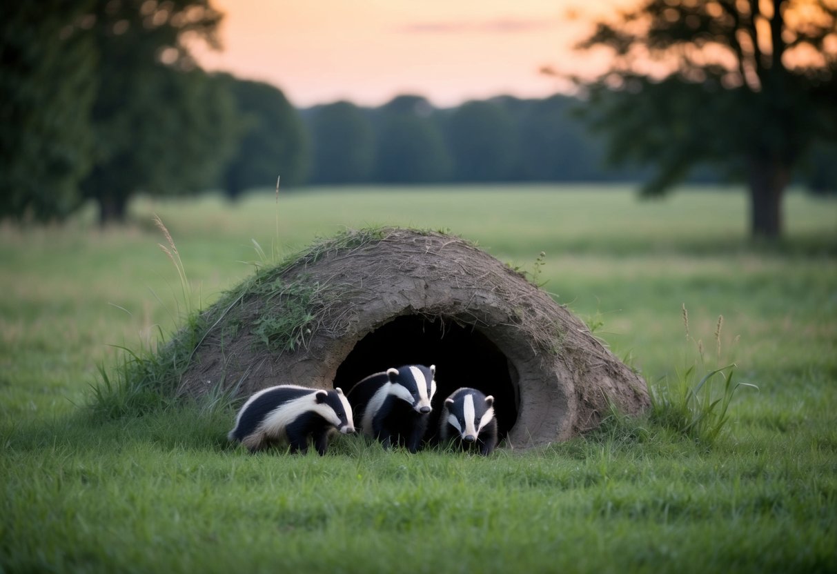 A burrow nestled in a grassy field, surrounded by trees. A family of badgers emerges at dusk, foraging for food