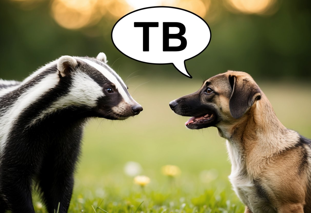 A badger and a dog standing face to face, with a speech bubble containing the letters "TB" between them