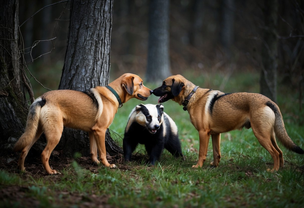 A pack of hunting dogs corner a fierce badger in a dark, tangled forest