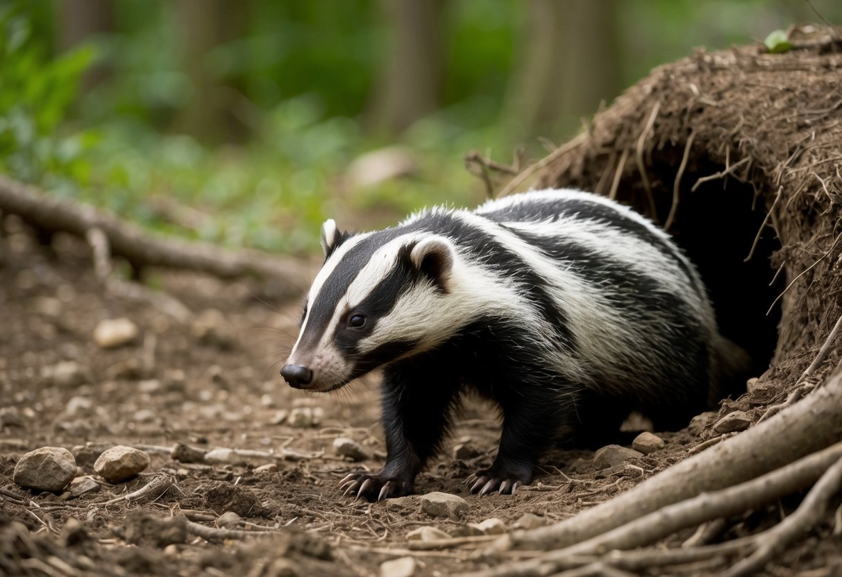 A badger emerges from its burrow, surrounded by scattered earth and roots. It sniffs the air, then lumbers off into the forest
