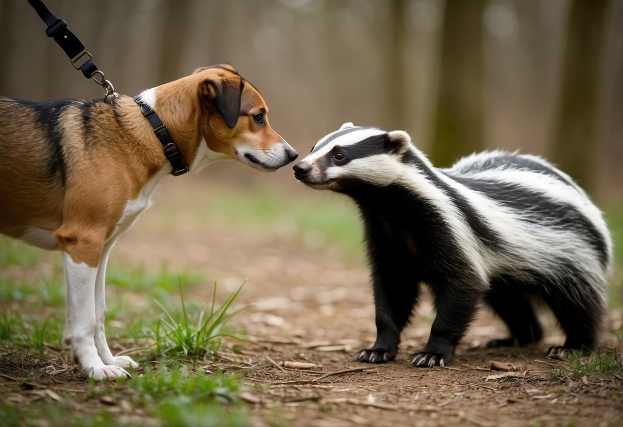 A dog and a badger facing each other in a wooded area, with a cautious distance between them. The dog is looking curiously at the badger while the badger seems to be on alert