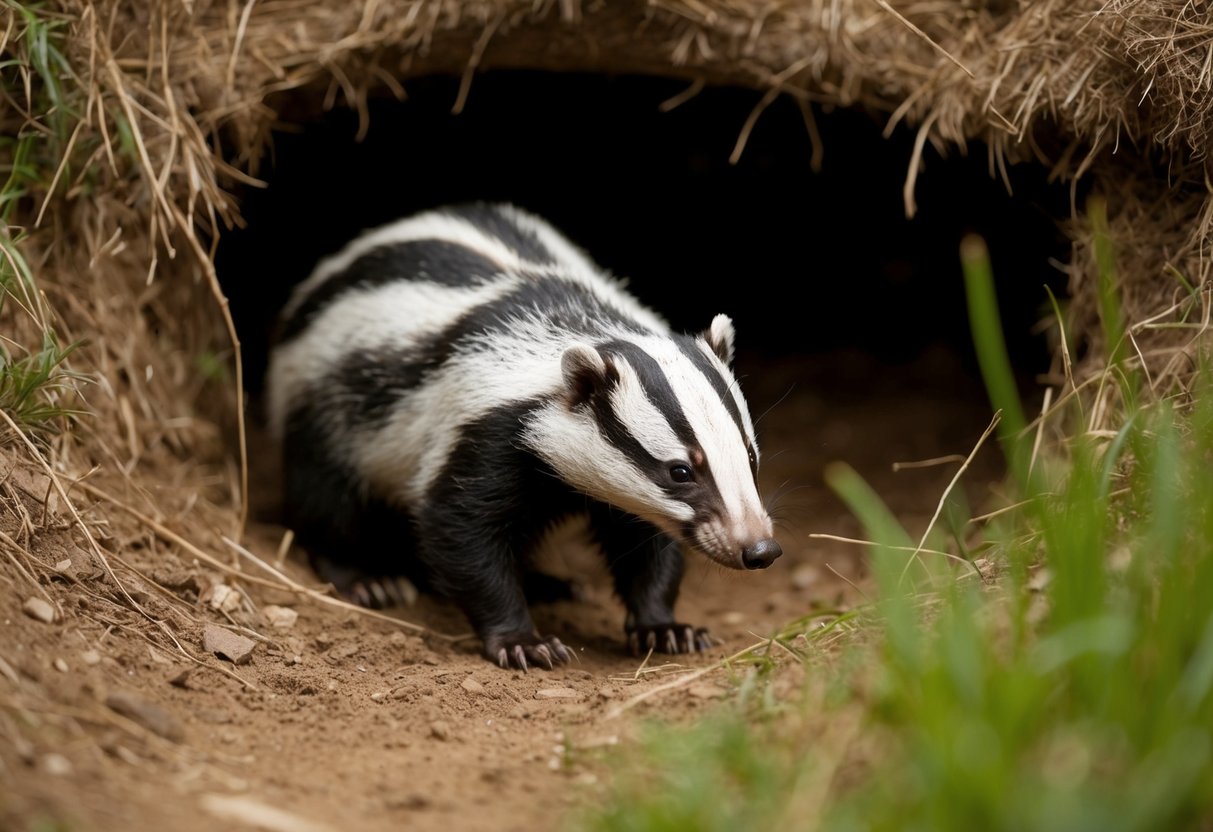 A badger emerges from its burrow, sniffing the air and surveying its surroundings before settling down in a cozy den