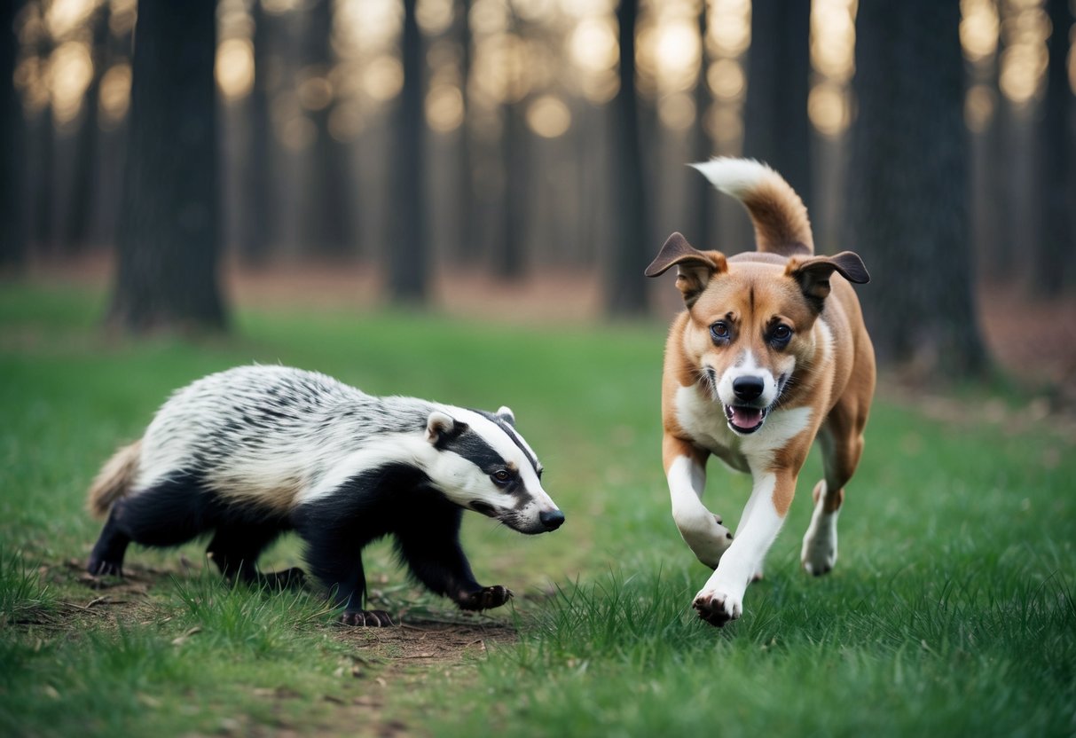 A dog chasing a badger through a forest