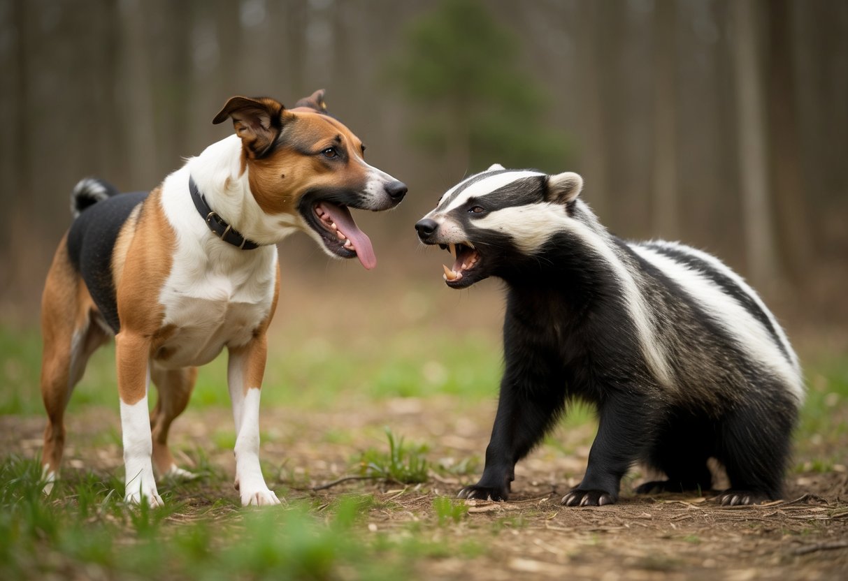A dog and a badger face off in a forest clearing, snarling and baring their teeth, ready to fight
