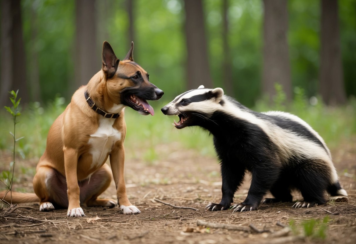 A dog and badger face off in a forest clearing, teeth bared and claws ready, as they prepare to engage in a fierce battle