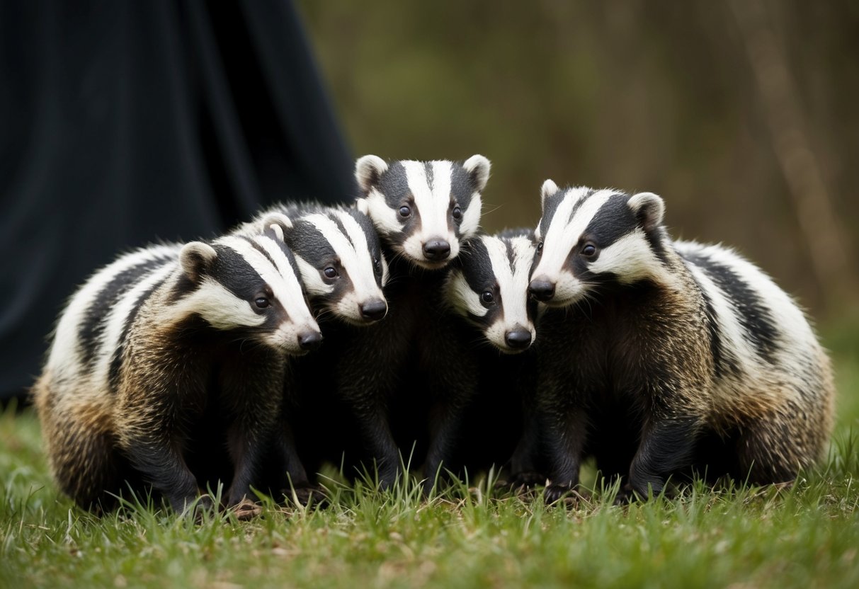 A group of badgers huddle together, trembling as they stare wide-eyed at a looming figure in the shadows