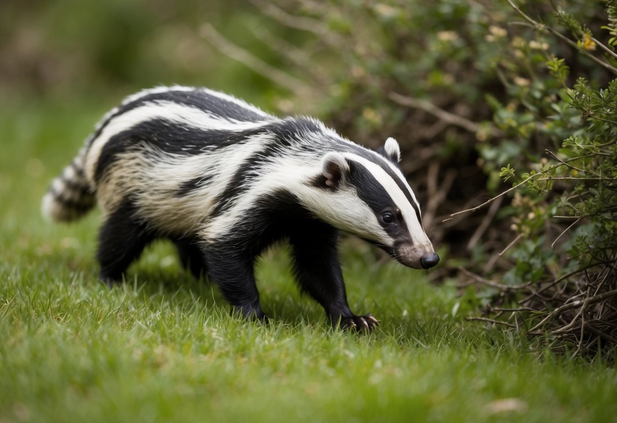 A badger cautiously sniffs the air, ears perked for any sign of danger. Nearby, a rustling in the bushes sends it scurrying back to its burrow