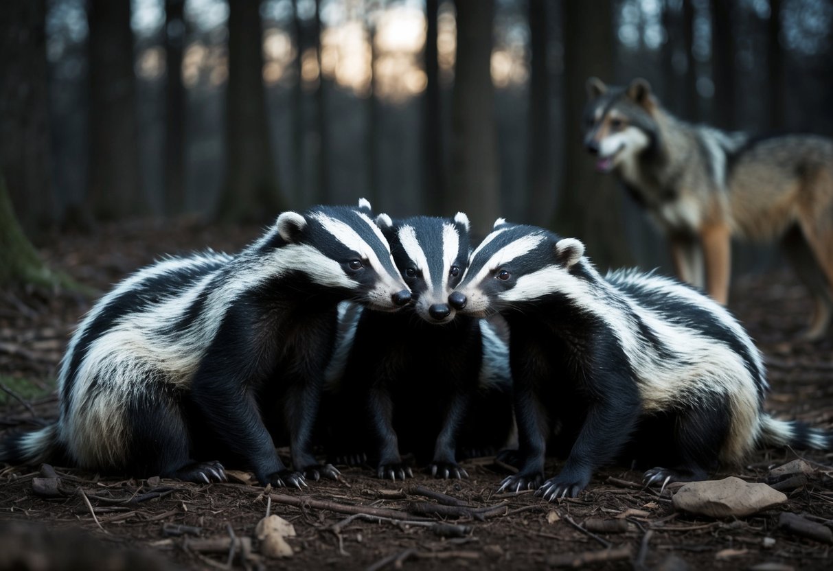 A group of badgers huddle together in a dark, wooded area, their eyes wide with fear as they listen to the distant howls of a pack of wolves