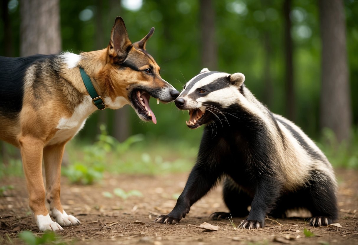 A dog and a badger face off in a forest clearing, snarling and baring their teeth as they circle each other, ready to fight