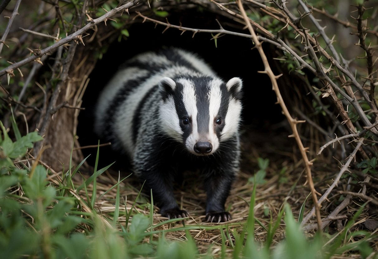 A badger cowers in its den, surrounded by thorny bushes and tall grass. It peers out cautiously, ears twitching at every sound