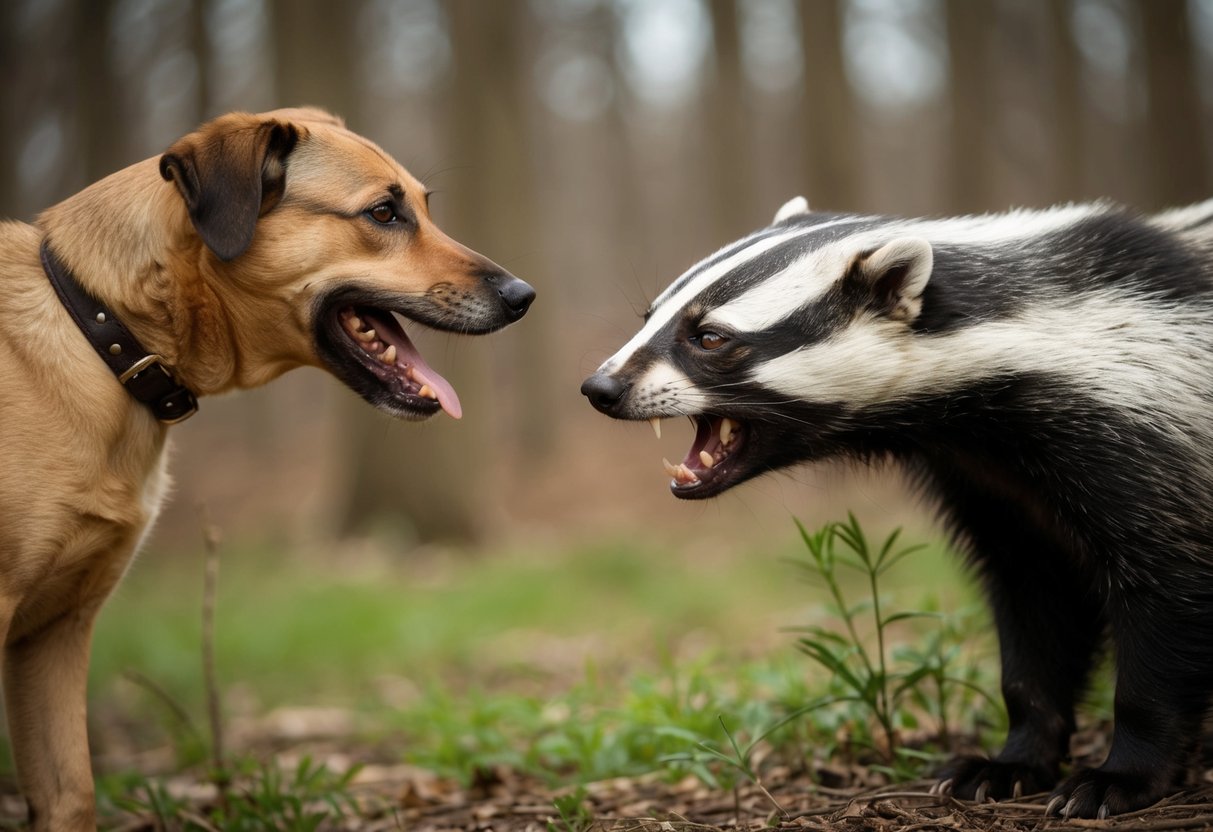 A dog and a badger facing off in a wooded area, growling and baring their teeth at each other