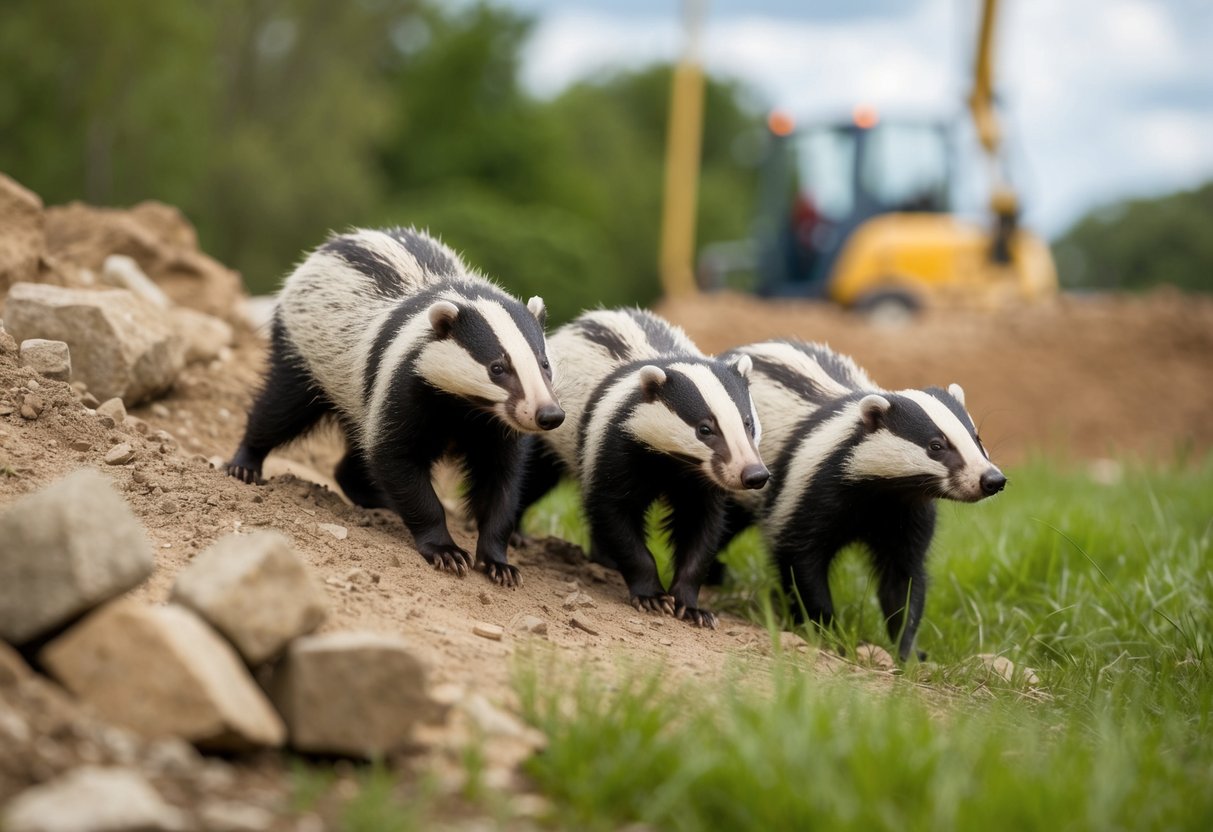 A group of badgers cautiously avoiding a loud and bustling construction site, seeking refuge in a quiet and undisturbed natural habitat