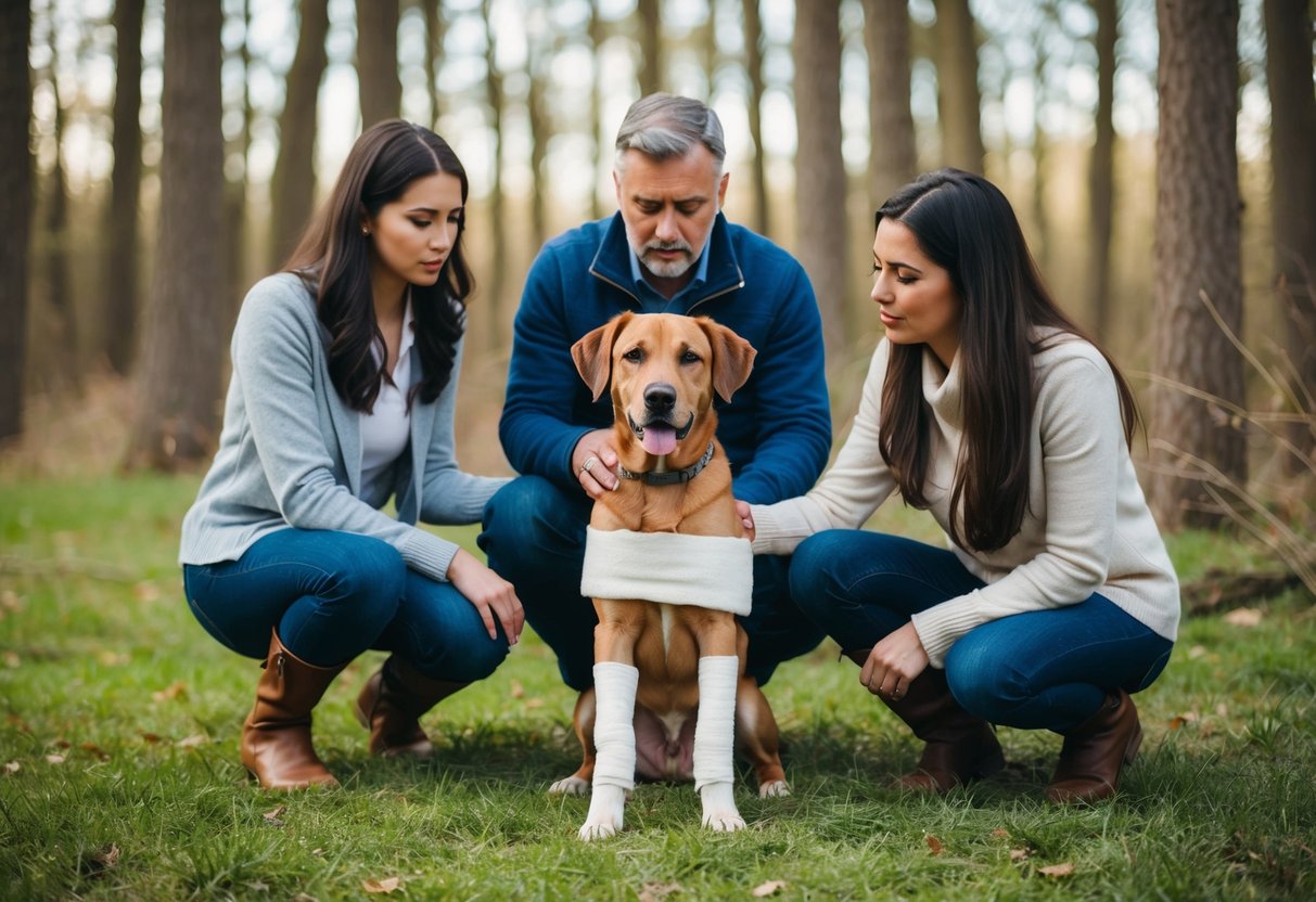 A dog with a bandaged leg, surrounded by concerned owners and a woodland setting