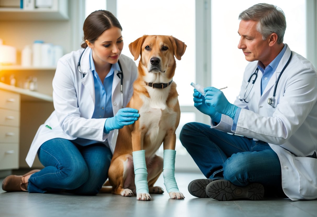 A dog with a bandaged leg sits next to a concerned owner, while a veterinarian examines the wound and administers treatment