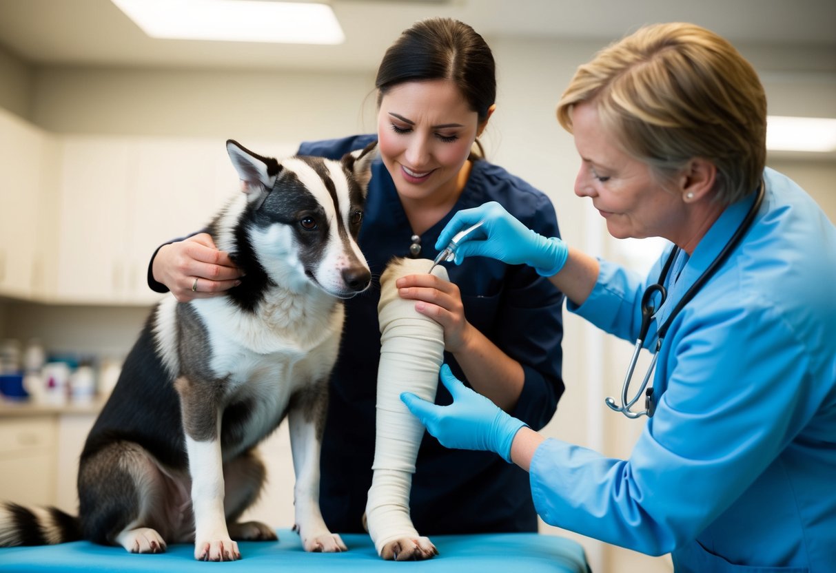 A dog with a bandaged leg being comforted by its owner after being bitten by a badger, while a veterinarian administers treatment in a clinic