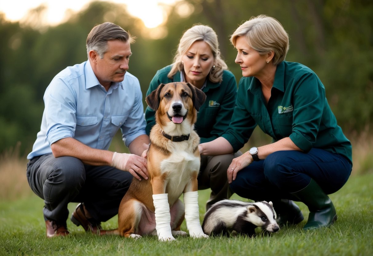 A dog with a bandaged leg, surrounded by a concerned owner and a wildlife expert. The badger is in the background, quietly watching