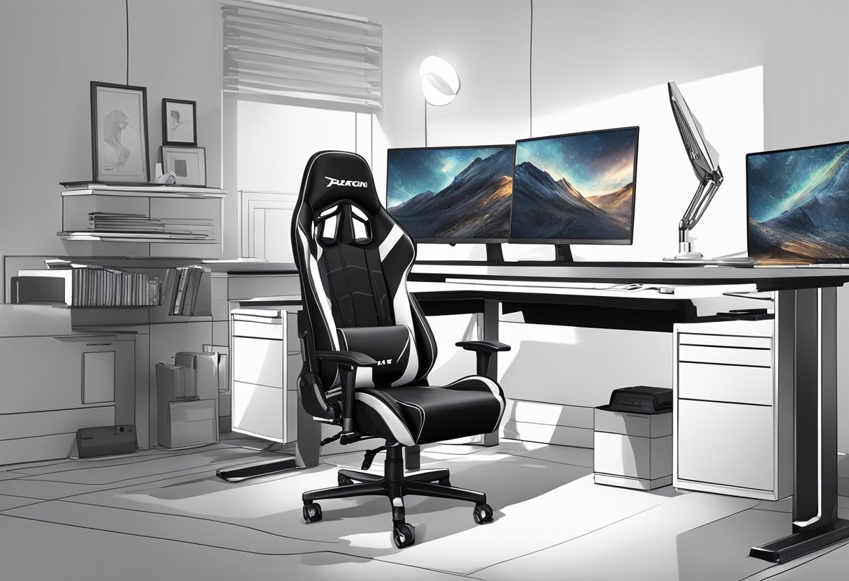 A sleek gaming desk with a powerful computer, high-resolution monitor, ergonomic chair, and adjustable lighting for optimal gaming performance