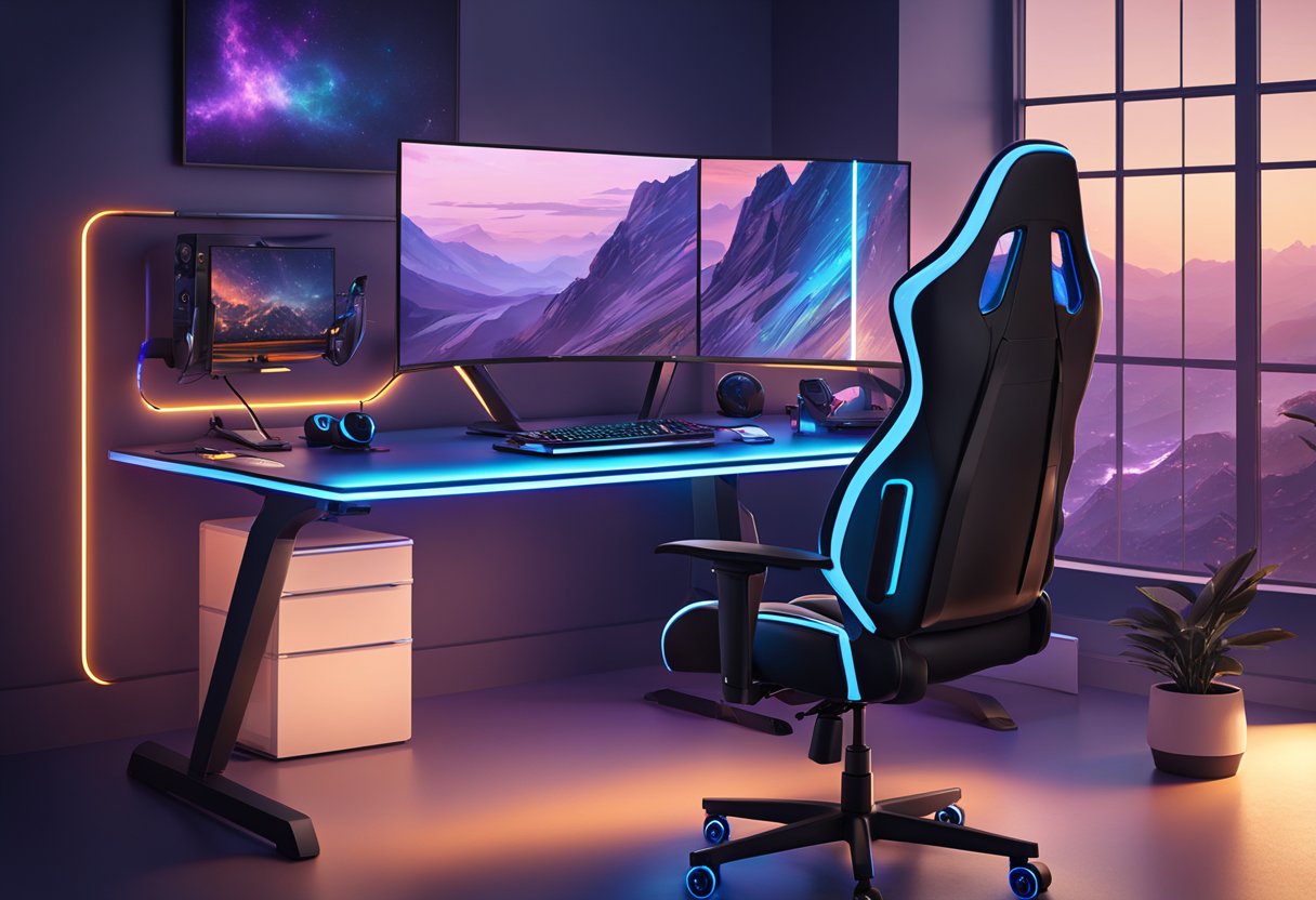 A sleek gaming desk with a powerful PC, dual monitors, ergonomic chair, and ambient LED lighting creating an immersive and optimized gaming environment