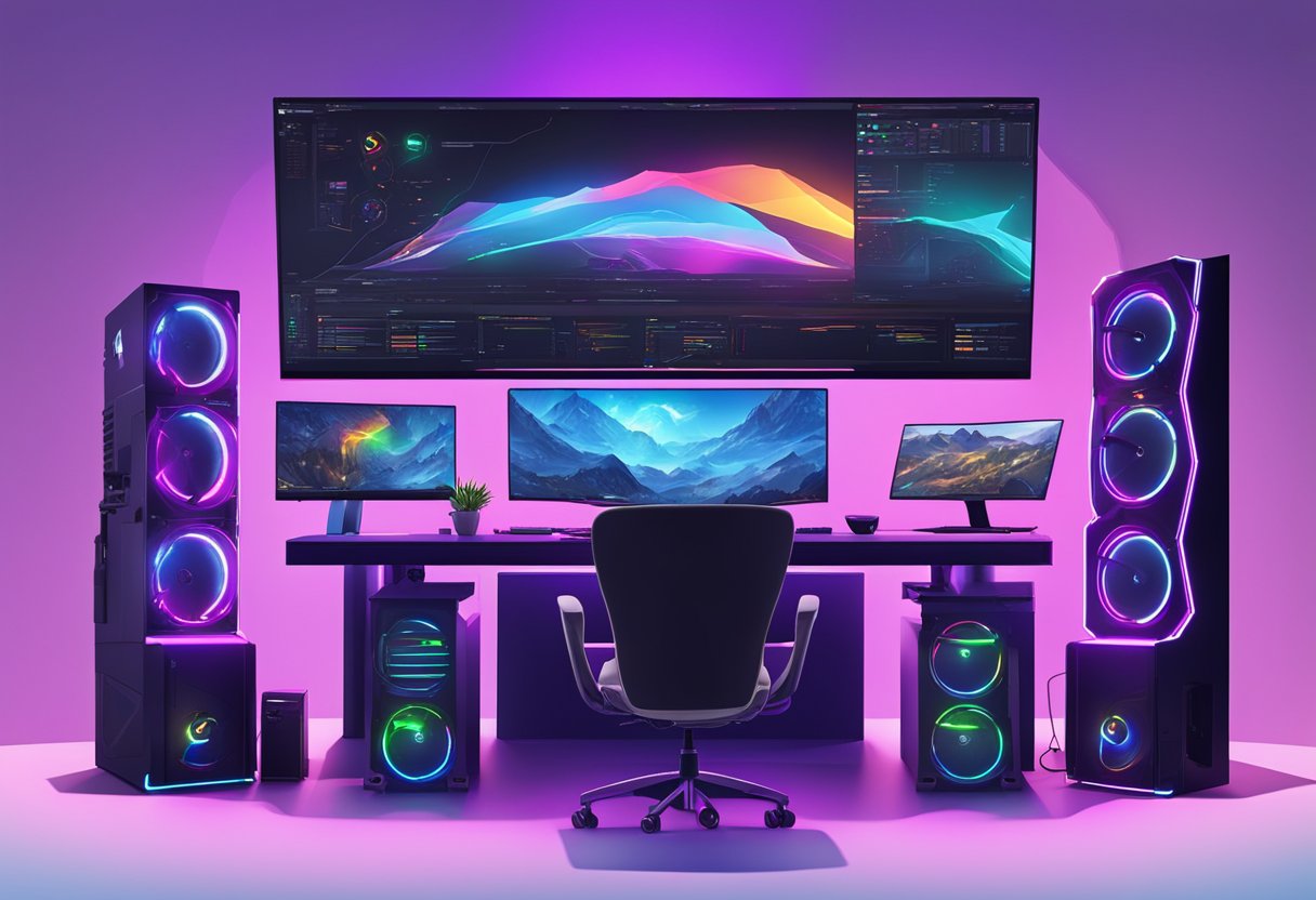 A high-tech gaming setup with advanced performance features and overclocking tools, including a powerful computer, multiple monitors, and customizable RGB lighting