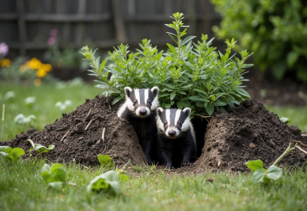 A garden with a small burrow under a bush, surrounded by overturned soil and scattered plants. Two badgers are peeking out from the burrow entrance
