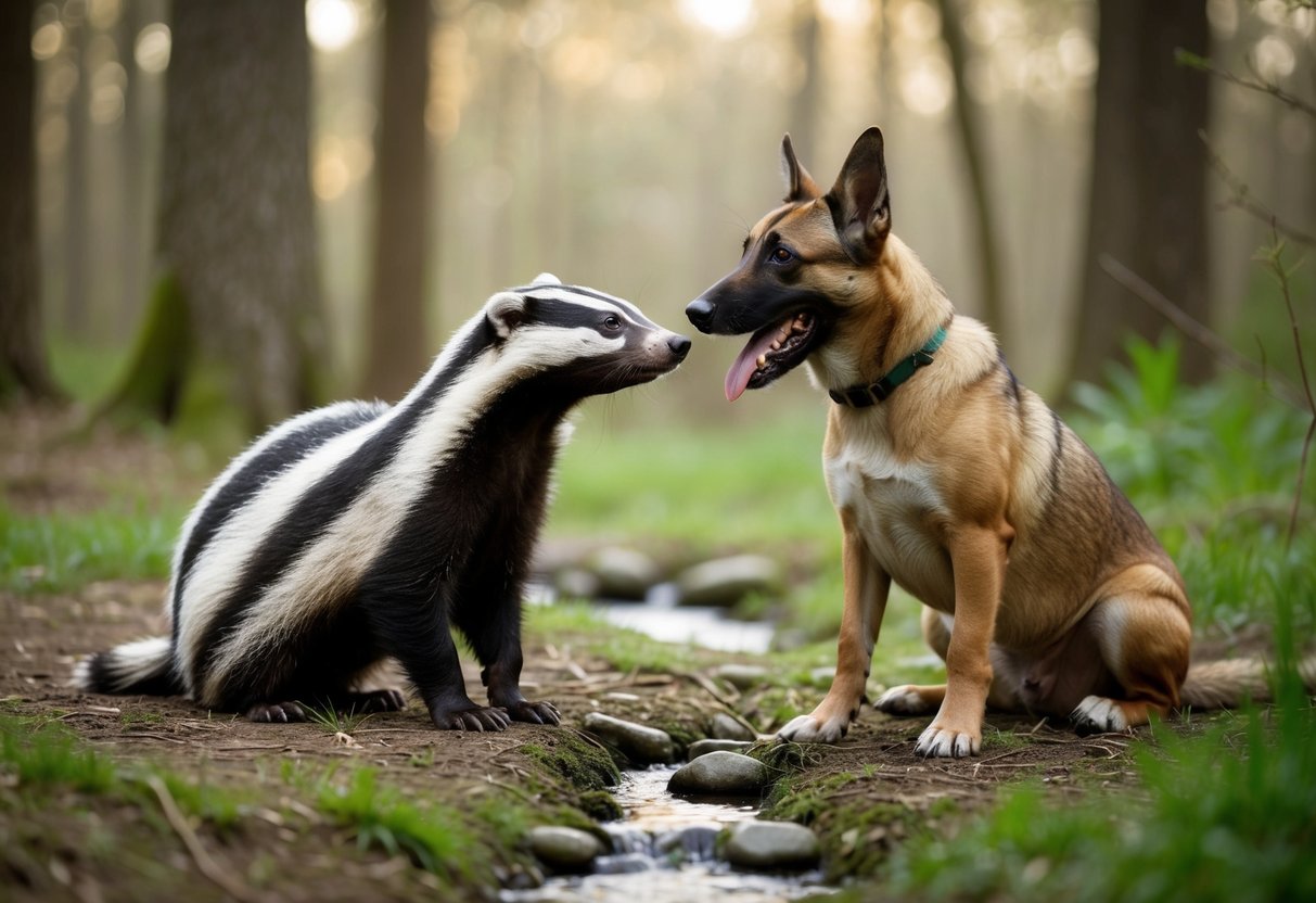 A badger and a dog facing each other in a forest clearing, with a small stream running through the background