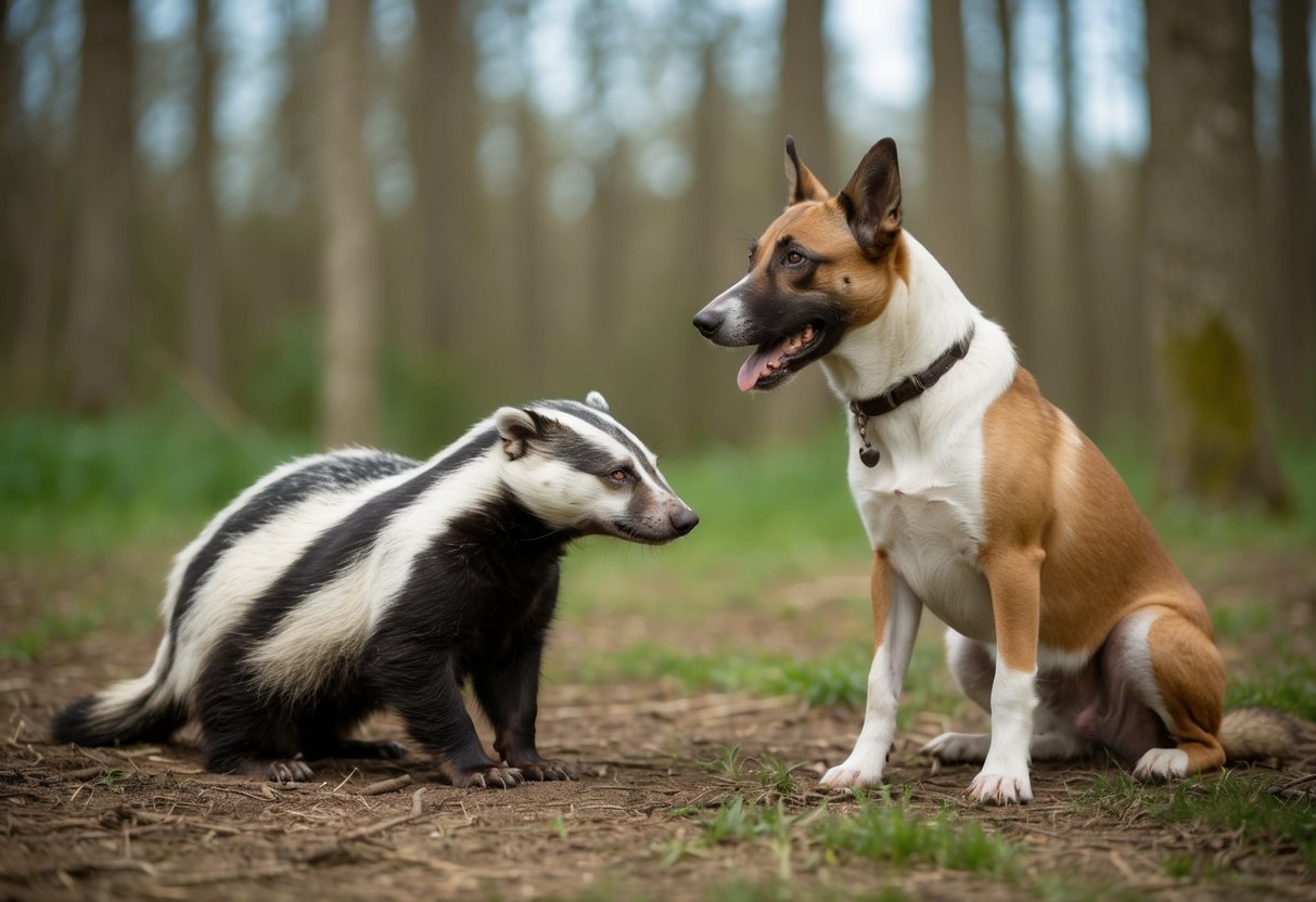 A badger and a dog face off in a forest clearing, with the badger showing signs of illness and the dog looking wary