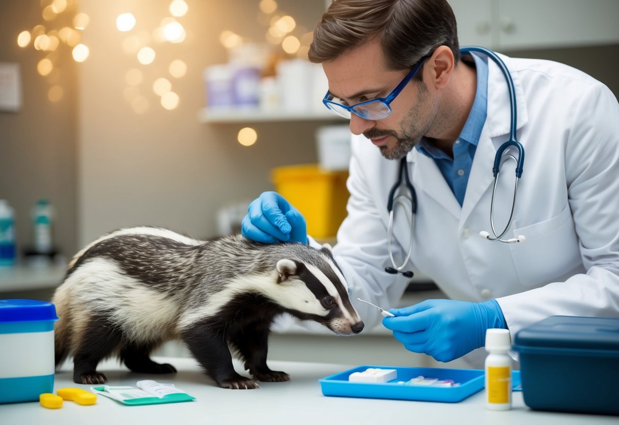 A veterinarian examining a badger and a dog, with medical equipment and medications nearby