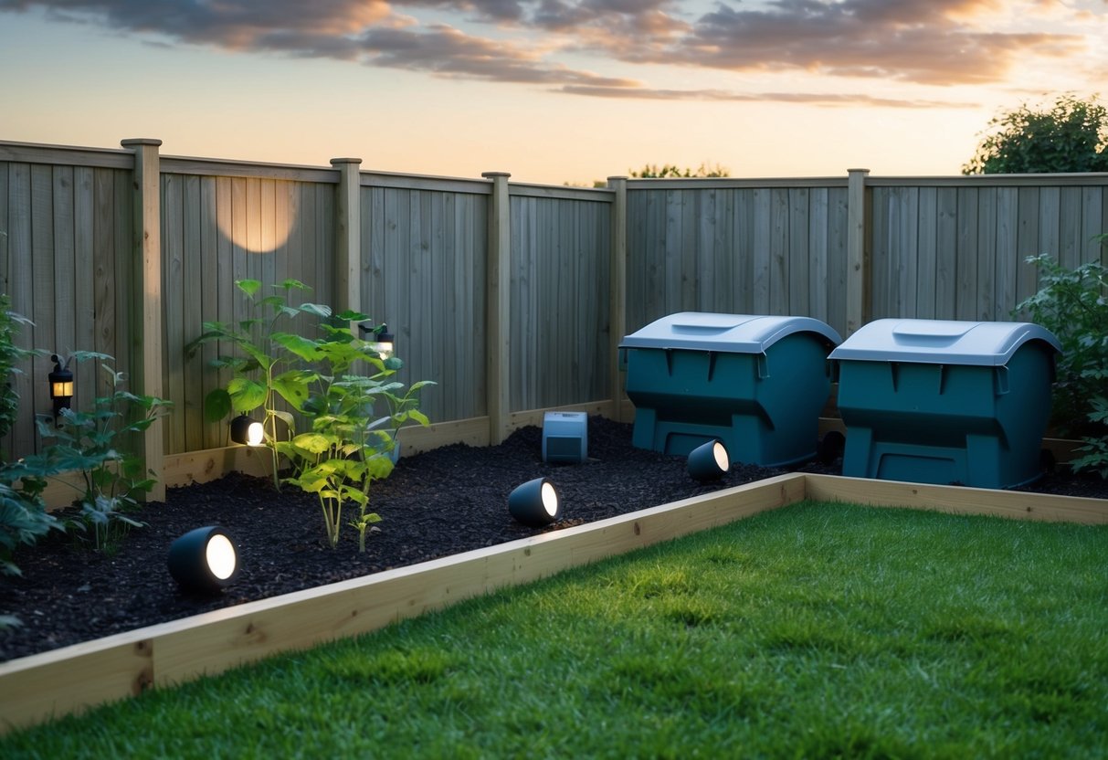 A garden with raised fences, motion-activated lights, and securely covered compost bins. A scattering of bitter-tasting plants and strategically placed noise-making devices