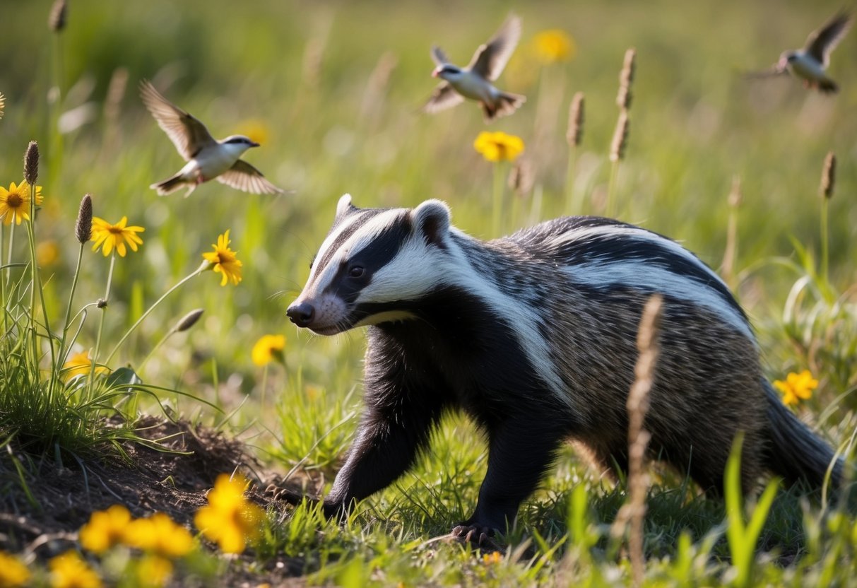 A badger emerges from its burrow, foraging in the daylight among tall grass and wildflowers, while birds flutter overhead