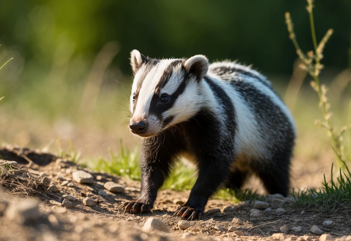 A badger emerges from its burrow, foraging for food in the daylight, sniffing the air and scanning its surroundings with sharp, curious eyes