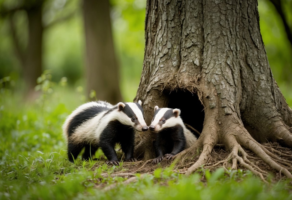 A badger family peacefully forages in a lush woodland, their burrow hidden among the roots of a towering oak tree