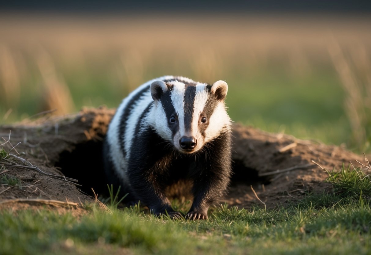 A badger emerges from its burrow at dawn, foraging for food in the early morning light