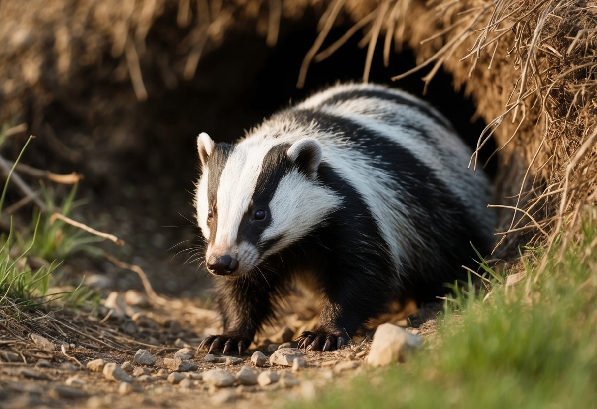 A badger emerges from its burrow, foraging for food in the daylight