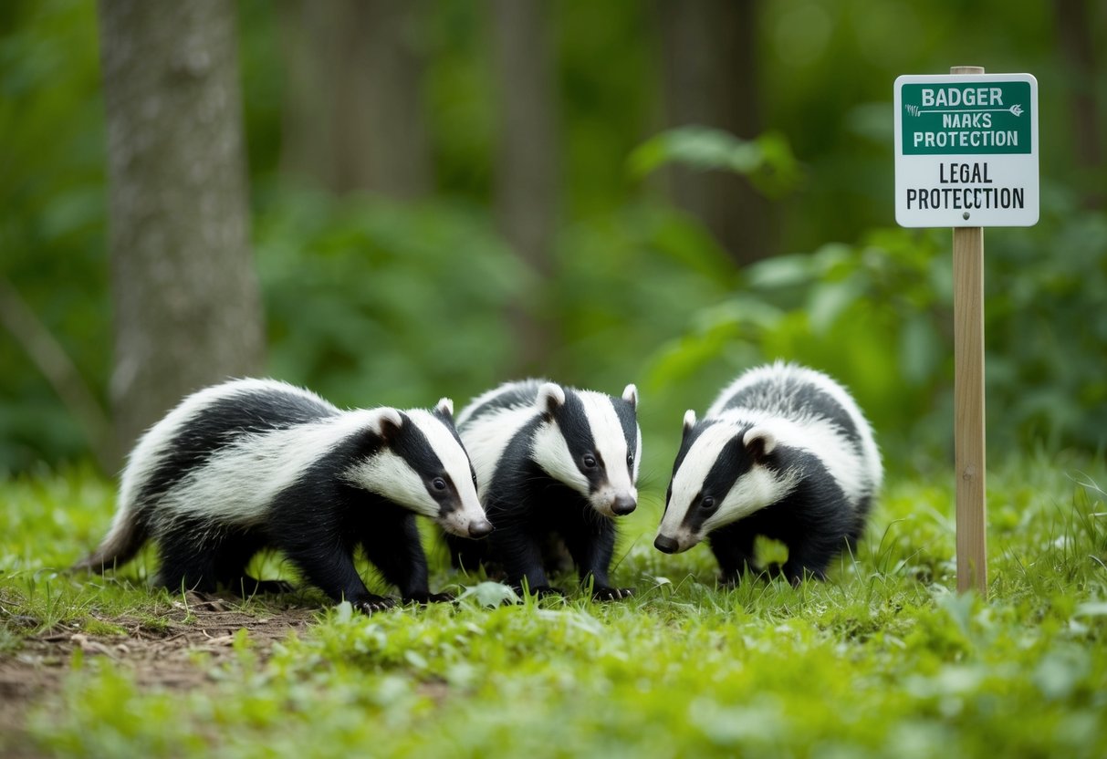 A badger family peacefully foraging in a lush forest, with a sign nearby indicating legal protection