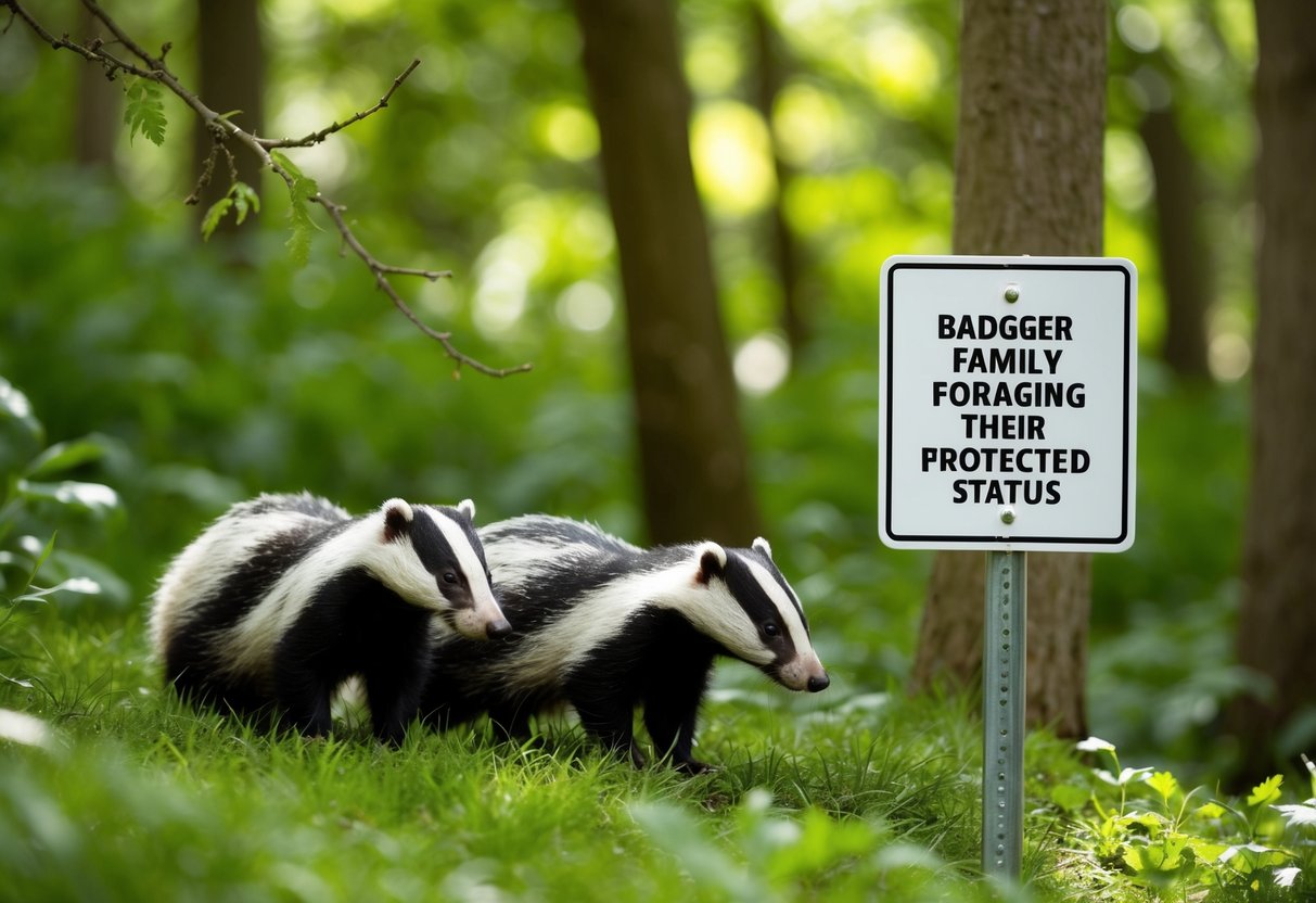 A peaceful badger family foraging in a lush woodland, with a sign nearby declaring their protected status