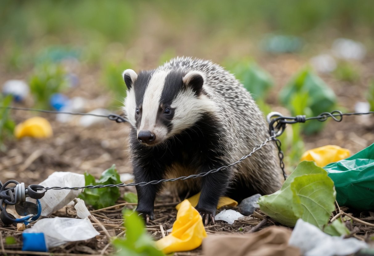 A badger caught in a snare, surrounded by scattered trash and damaged crops