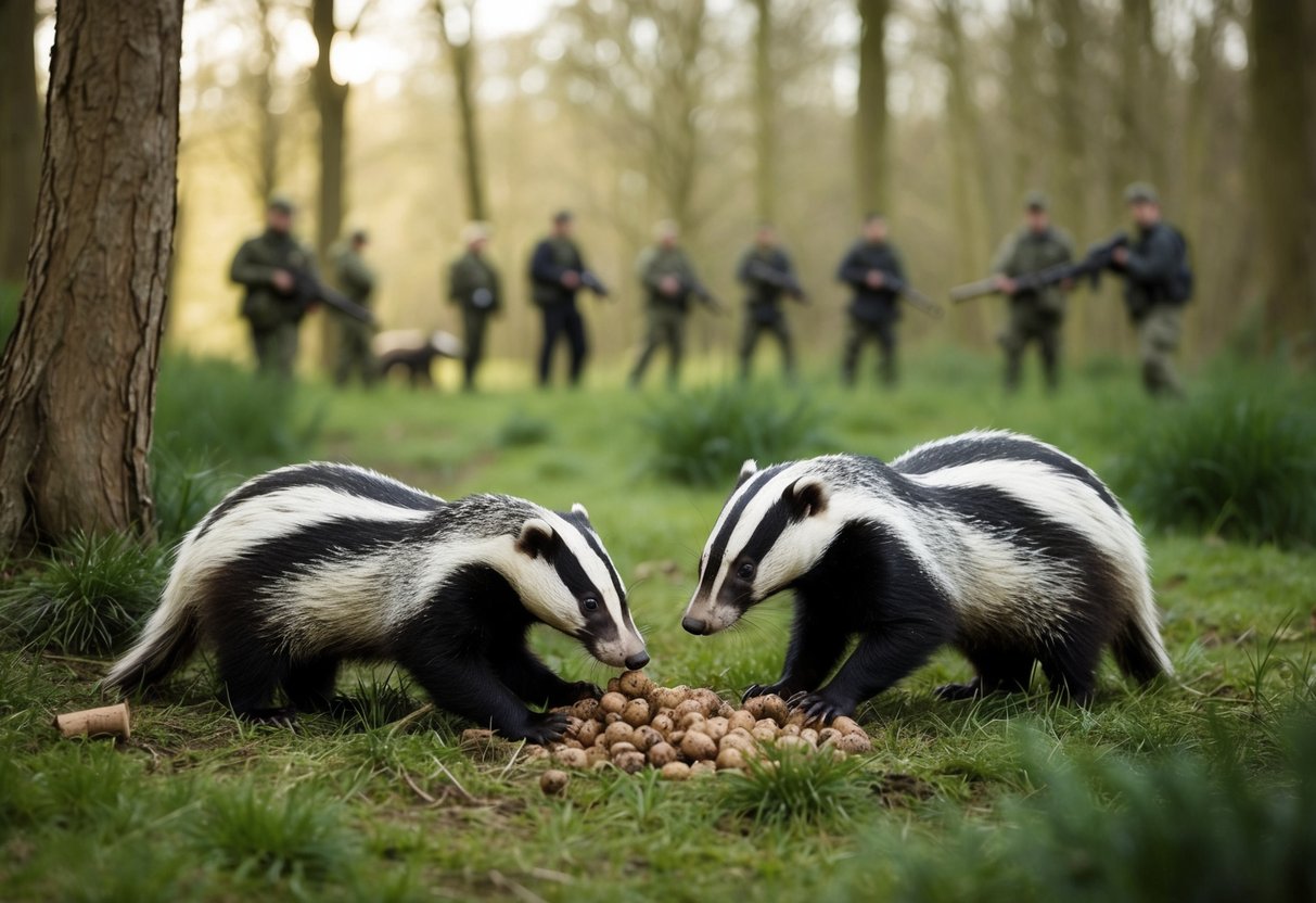 A tranquil woodland scene with a family of badgers foraging for food, while in the distance, a group of cullers approach with rifles