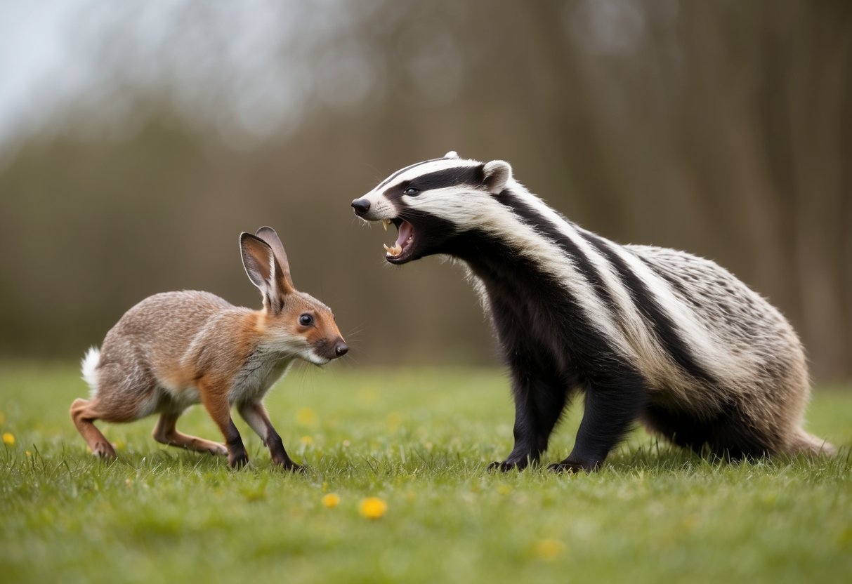 A badger snarls and bares its teeth at a fox, while a rabbit scurries away in fear