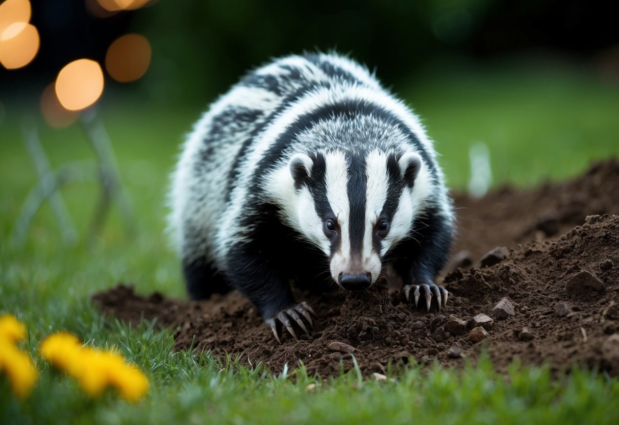 A badger digging up a garden at night