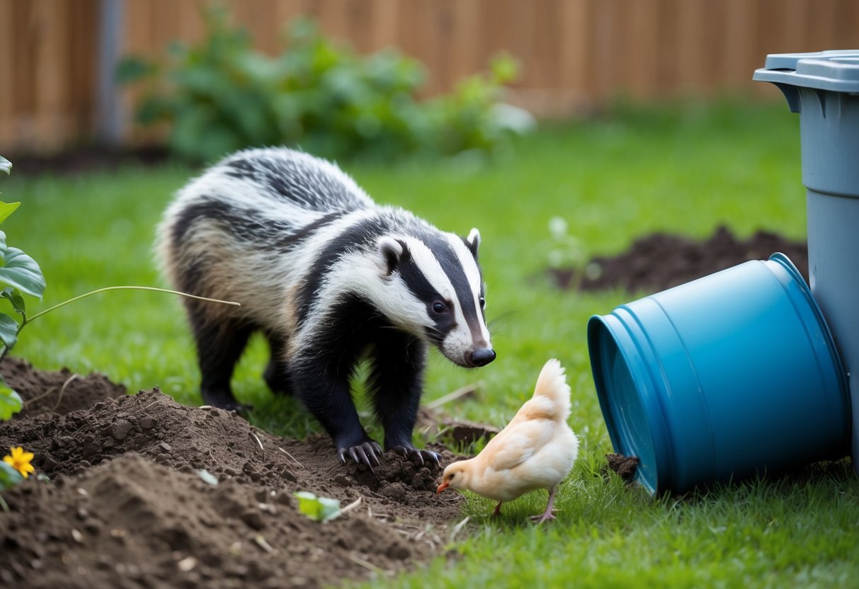 A badger digging up a garden, knocking over trash cans, and raiding a chicken coop